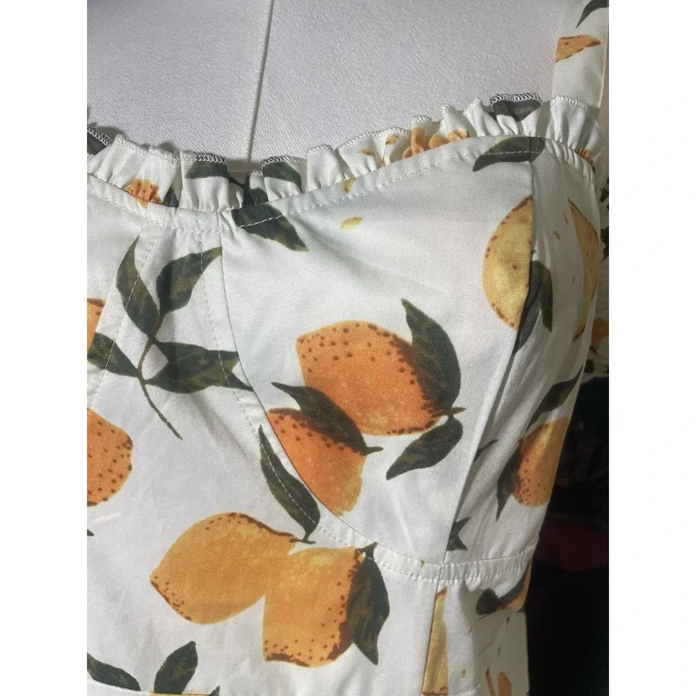 Cider Women's 2X Satin Lemon Print Coquette Cottagecore Ruffle Hem Dress